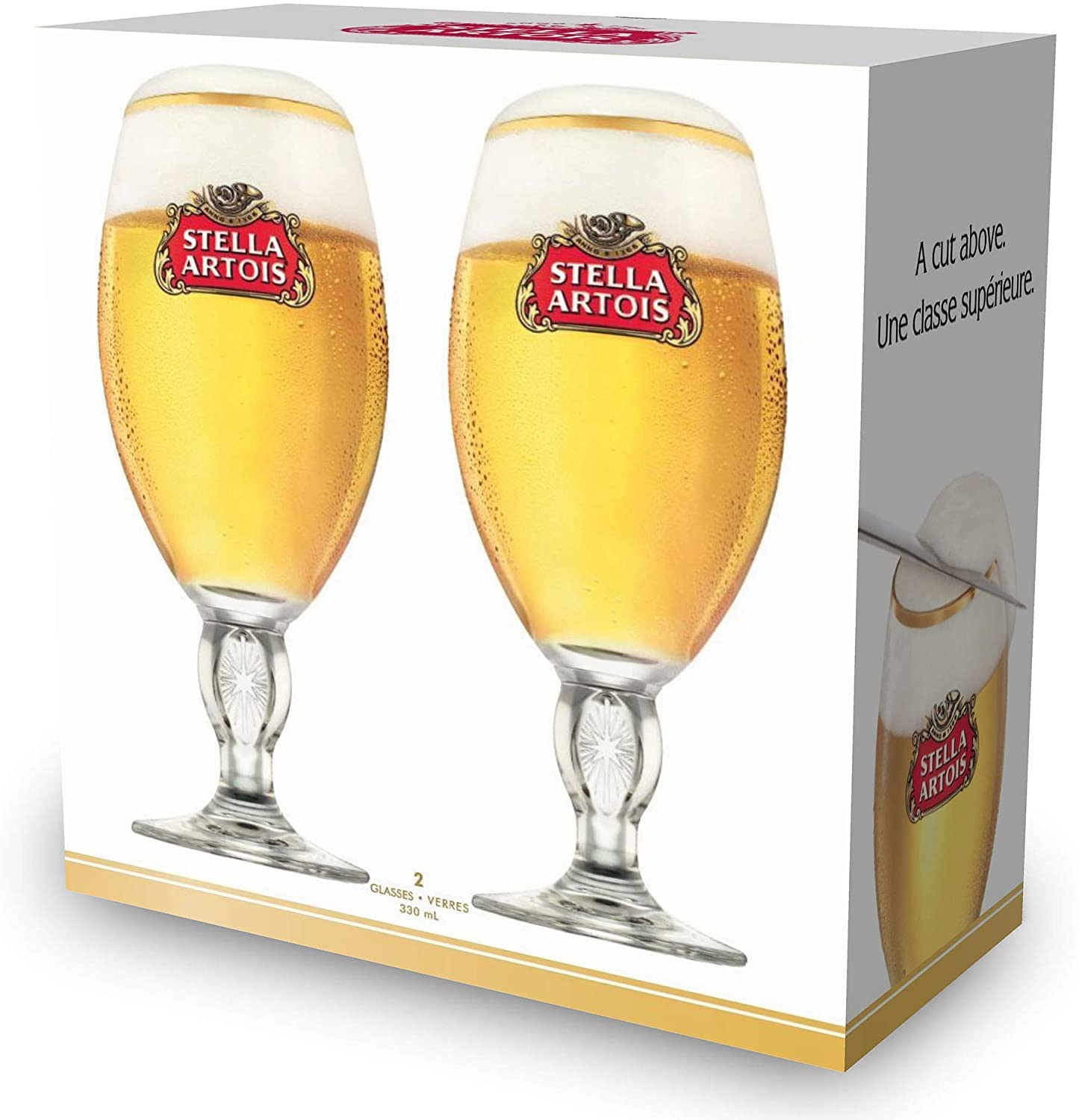 Caliz Stella Artois de 500 ml con borde dorado, ideal para degustación.