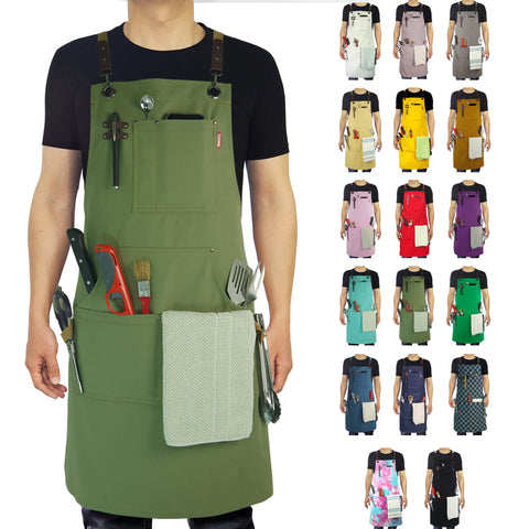 Delantal Stenffy en lona oliva protege la ropa en la cocina.