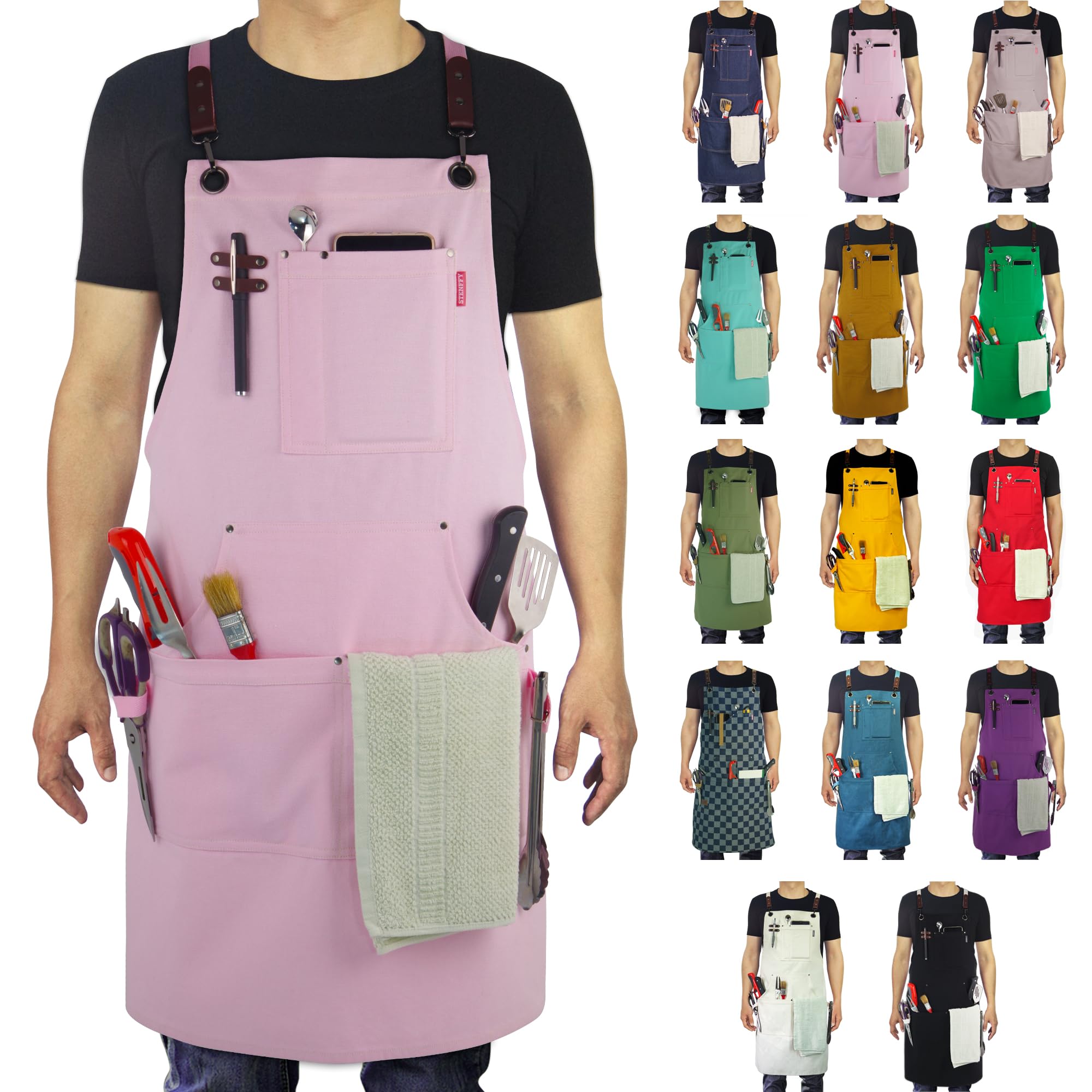 Delantal Stenffy con lona 12 onzas y bolsillos, ideal para organizar herramientas.