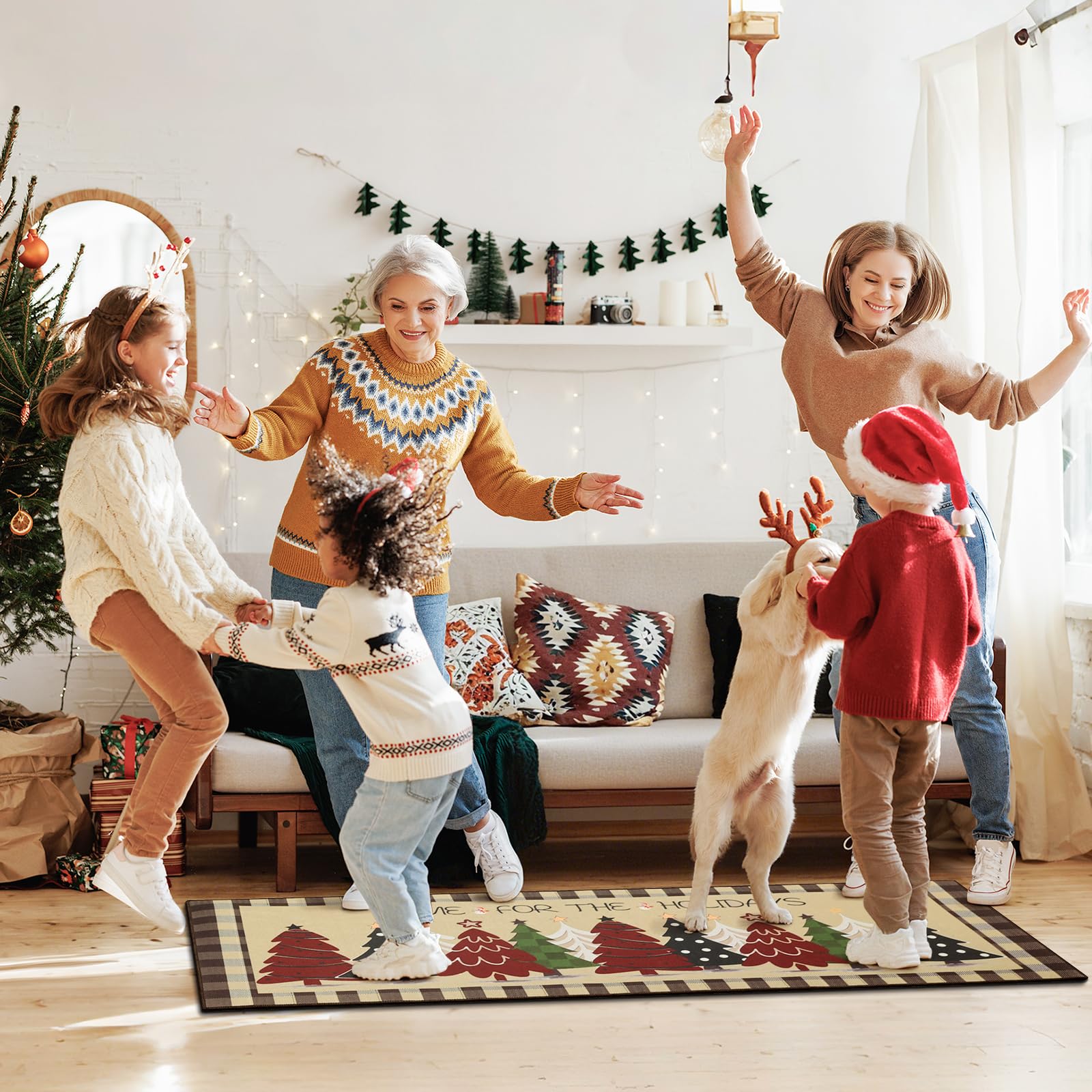StepRite mat marrón con plaid navideño aporta ambiente cálido.