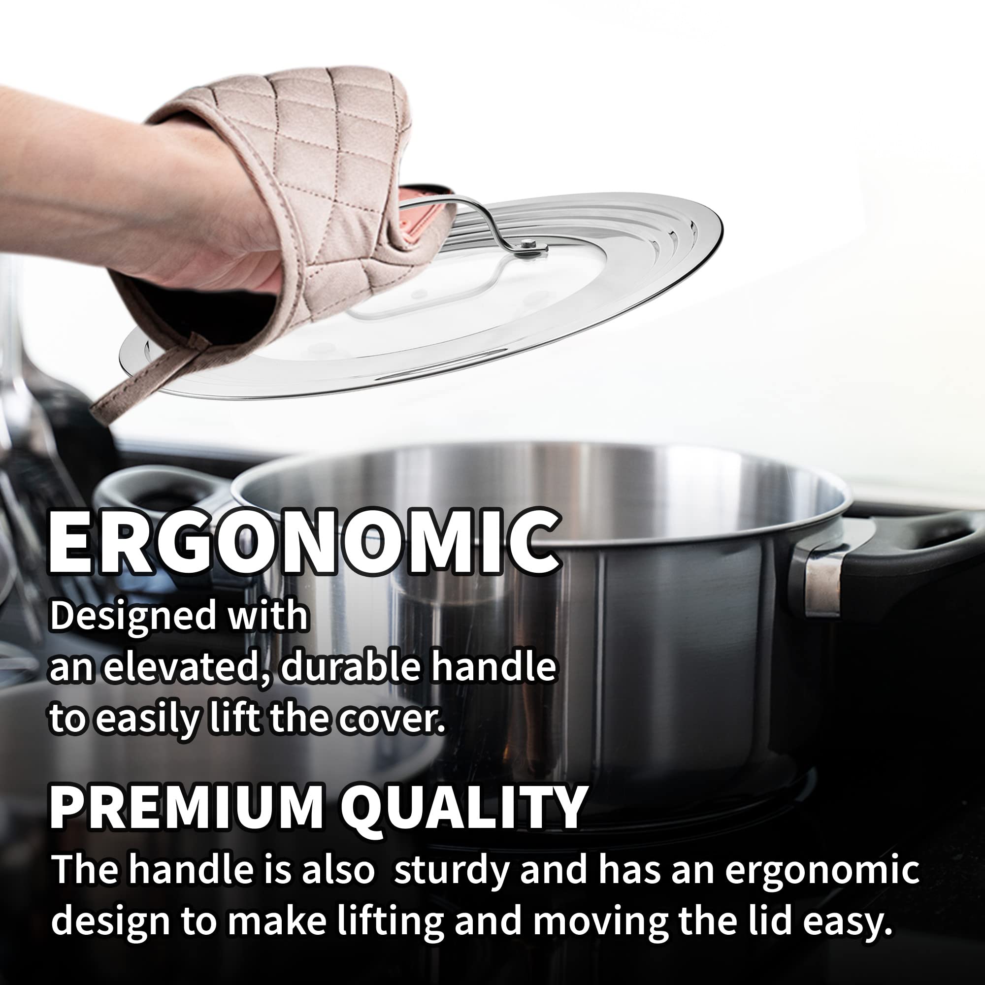 Sterline tapa universal para organización de cocina, ahorro de espacio.