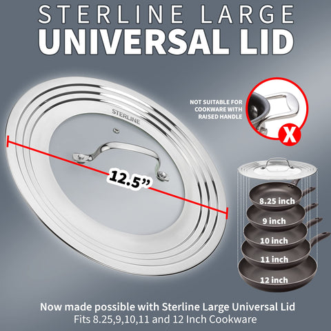 Sterline tapa universal de vidrio templado grande, cobertura versátil para ollas grandes.
