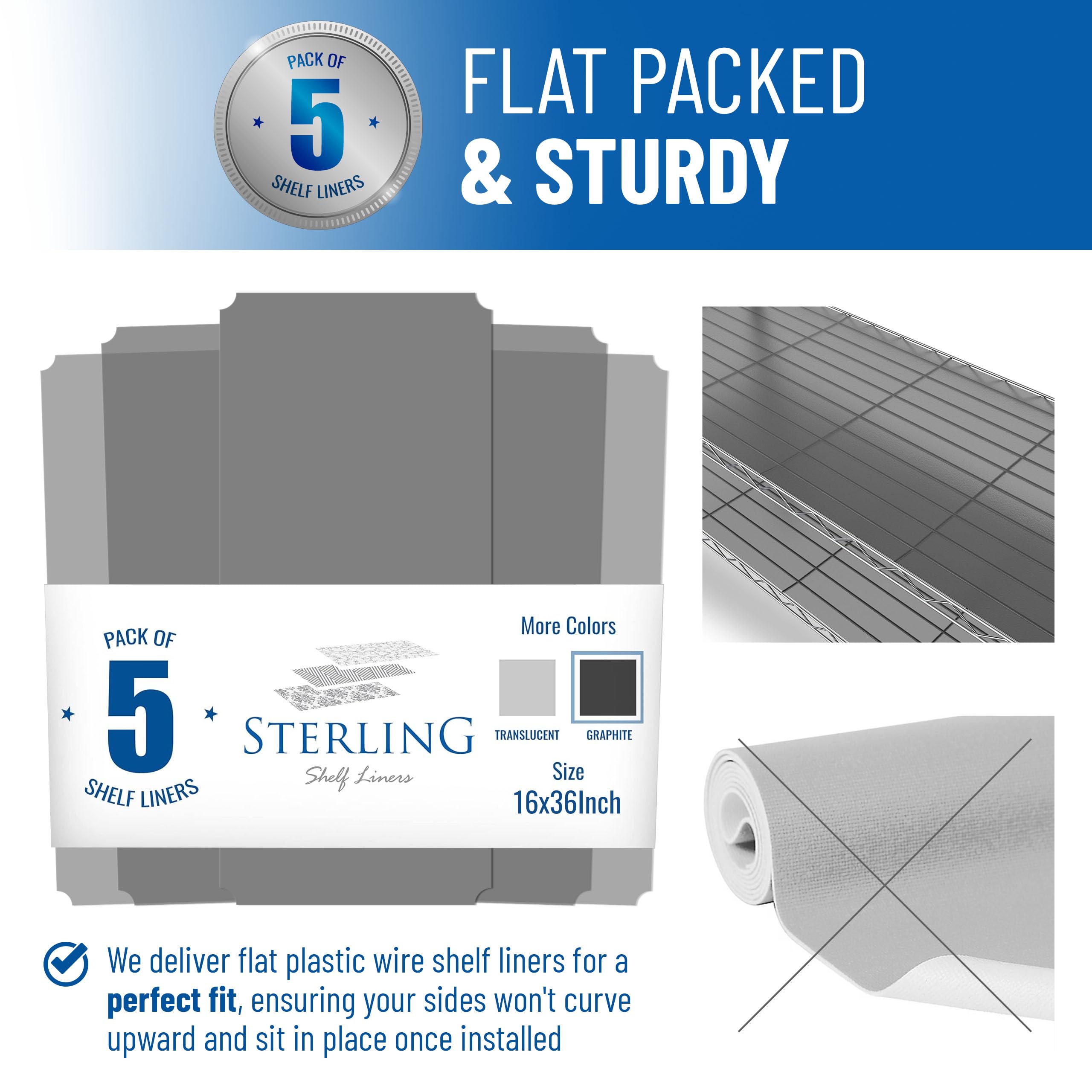 Sterling Shelf Liners grafito 16x36: superficie plana para instalación estable.
