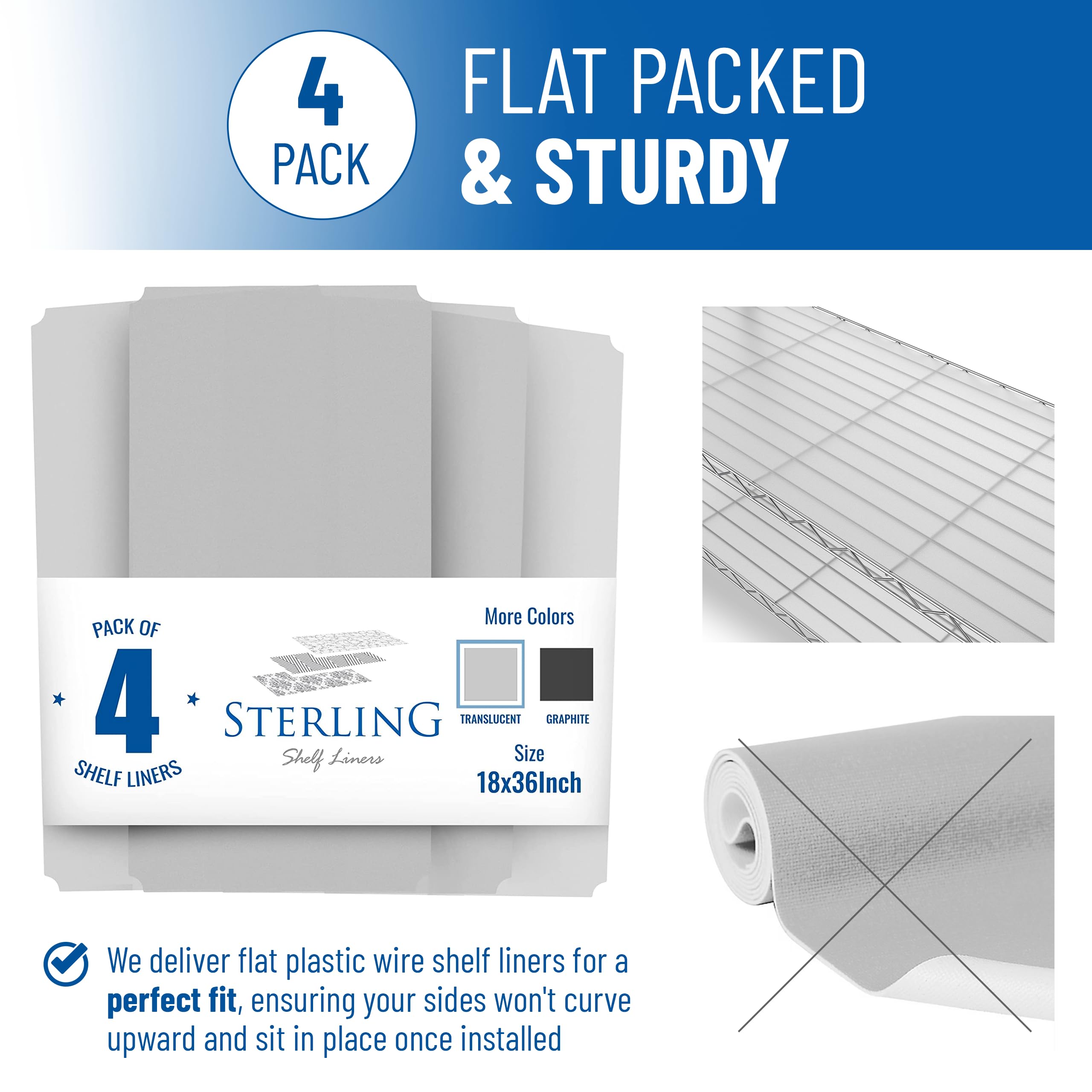 Sterling Shelf Liners revestimientos para estantería de alambre, superficie suave y duradera.