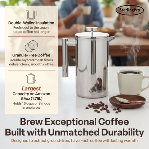 SterlingPro Prensa Francesa XL, 16 tazas, ideal para desayunos grandes.