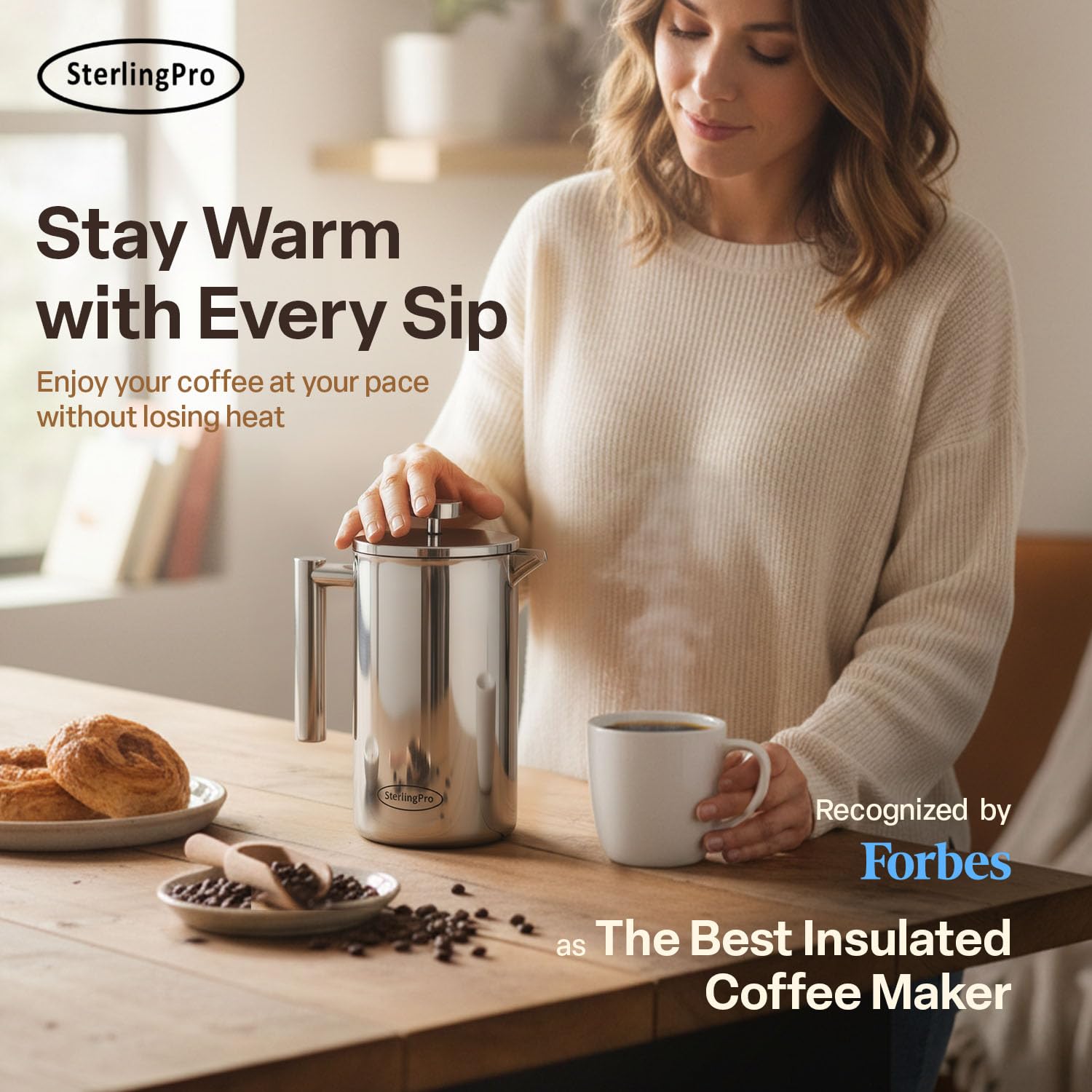 SterlingPro Prensa Francesa XL, diseño espejo, encaja en cocinas modernas.