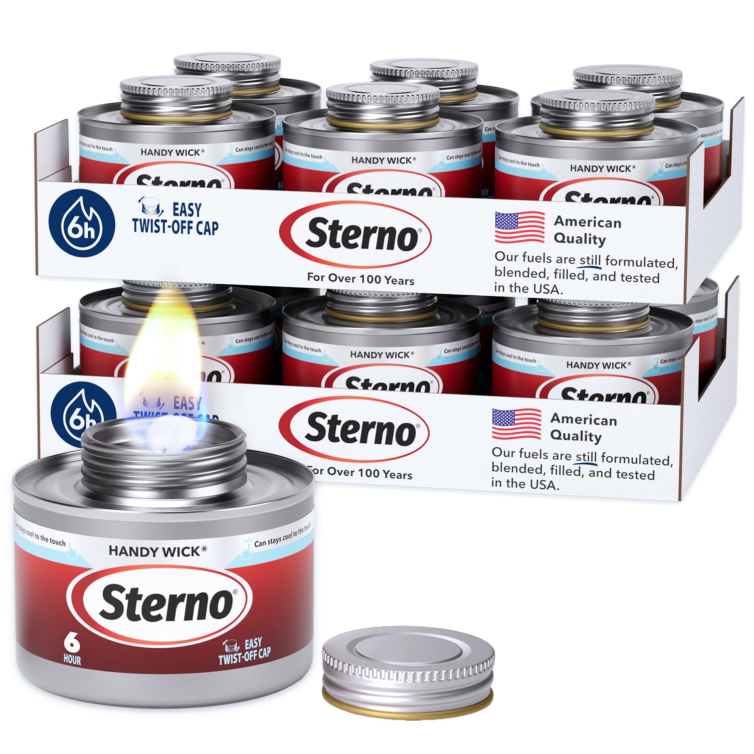 Sterno pack frontal de 12 latas mostrando conveniencia y duración
