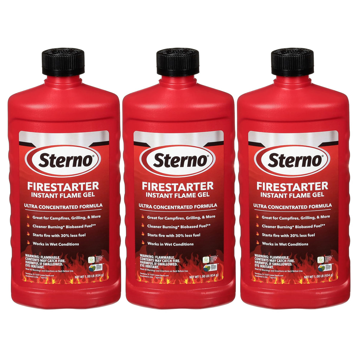 Sterno gel encendedor vista frontal envase mostrando la etiqueta y facilidad de uso