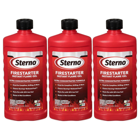 Sterno gel encendedor vista frontal envase mostrando la etiqueta y facilidad de uso