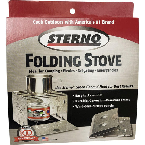 Sterno hornilla plegable frontal mostrando diseño plateado y portabilidad para camping