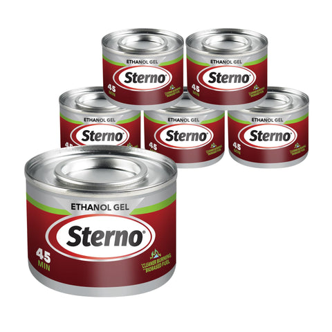 Latas de Sterno con calor sostenido de 45 minutos para mantener platos calientes.