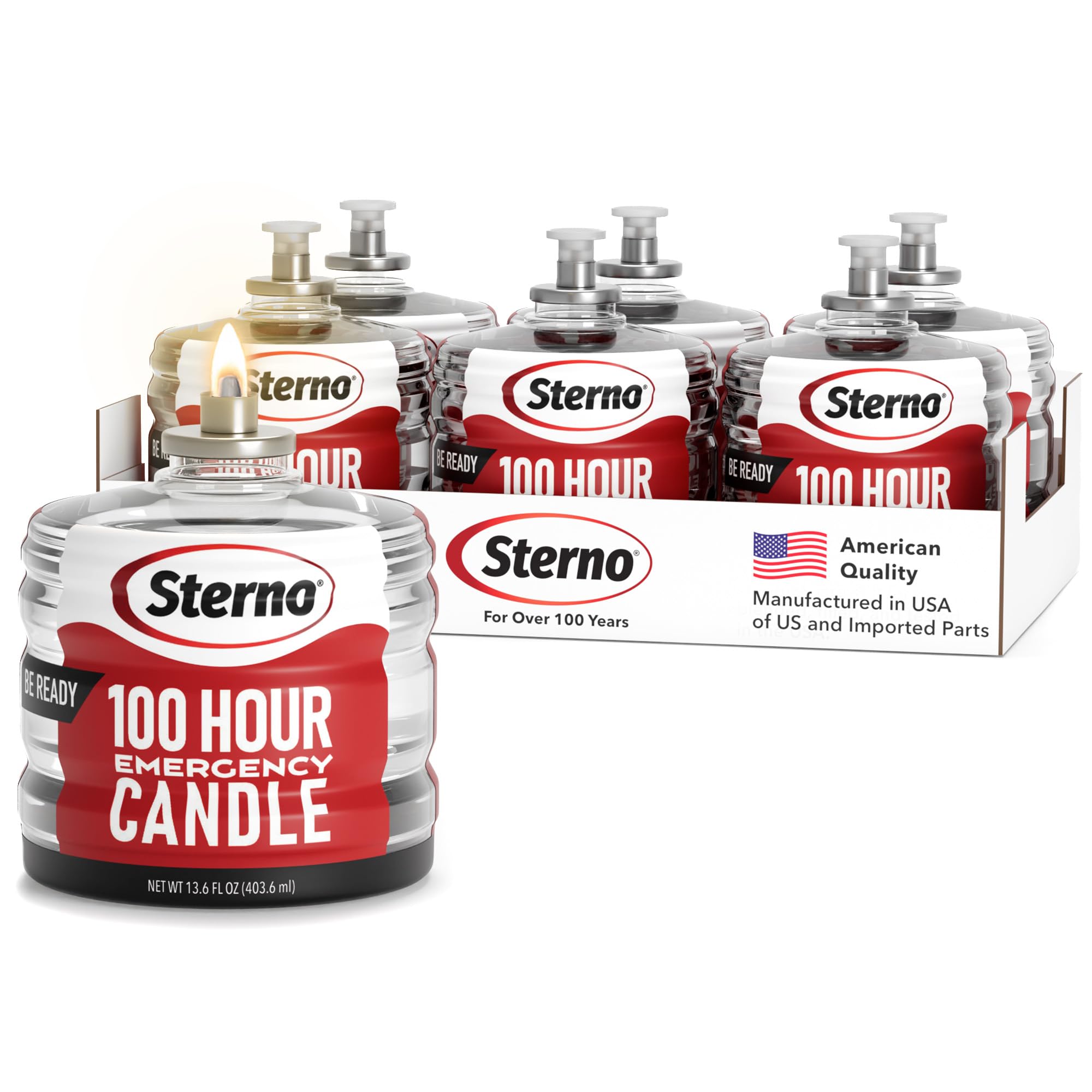 Sterno paquete frontal mostrando seis velas, solución de iluminación de emergencia