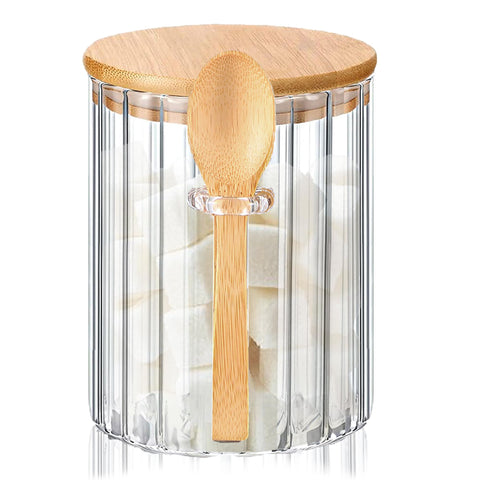 Frasco de vidrio Steviieden con tapa de bambú y cucharas, para azúcar elegante.