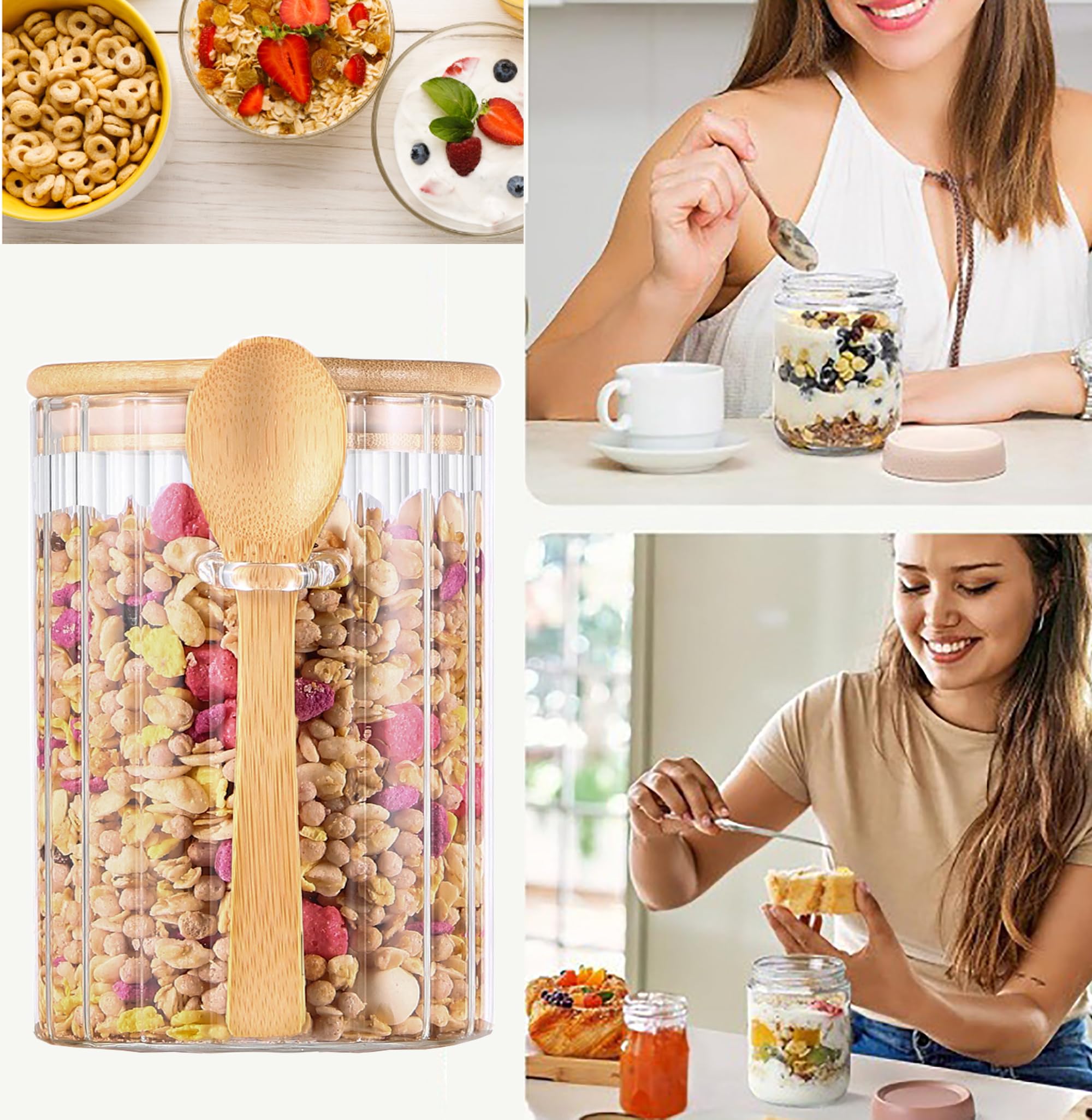 Frasco Steviieden de vidrio para dulces y tentempiés, tapa y cucharas listos para compartir.