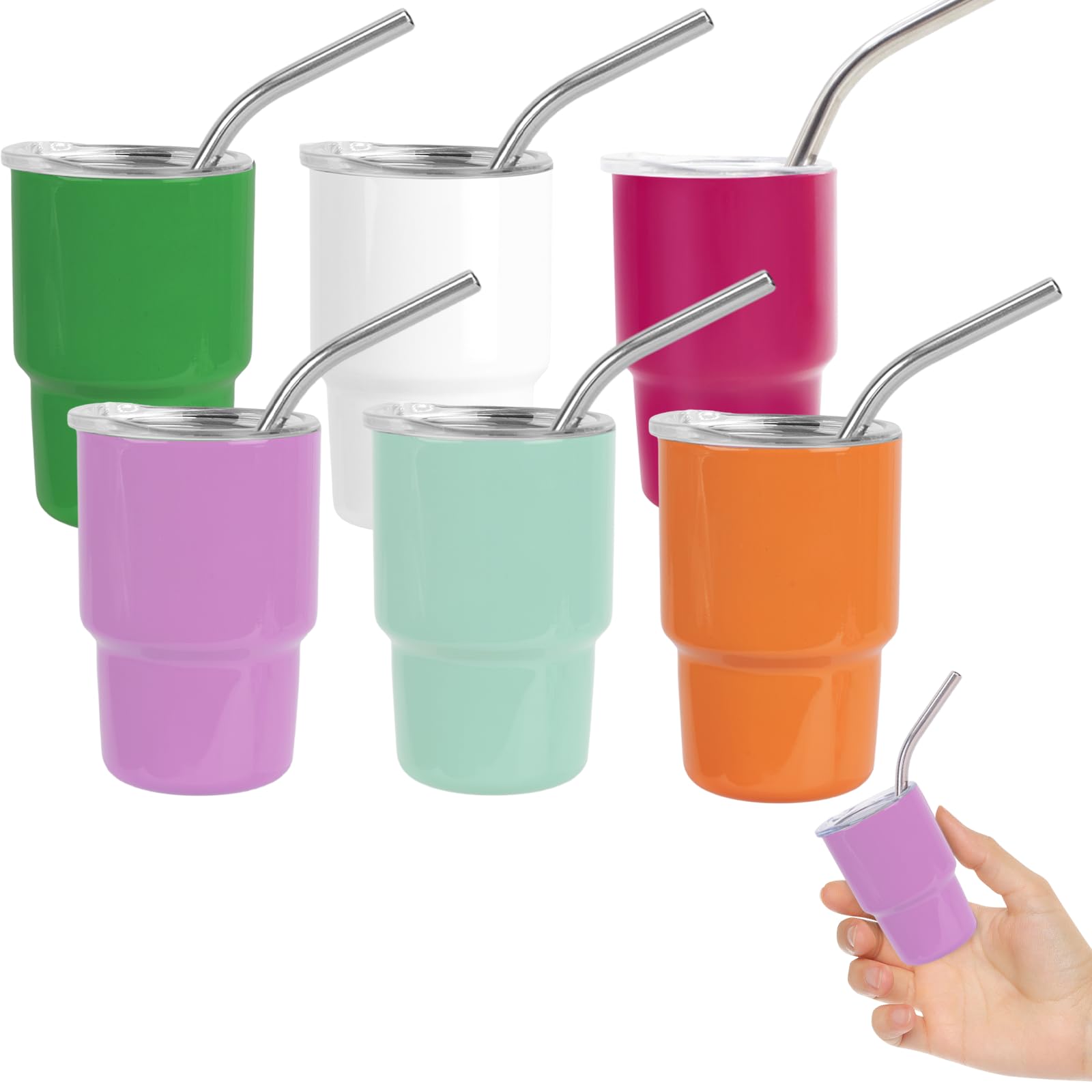 Vasos STFALI shot mini 2oz portátiles con tapa y paja, ideal para llevar bebidas frías o calientes.
