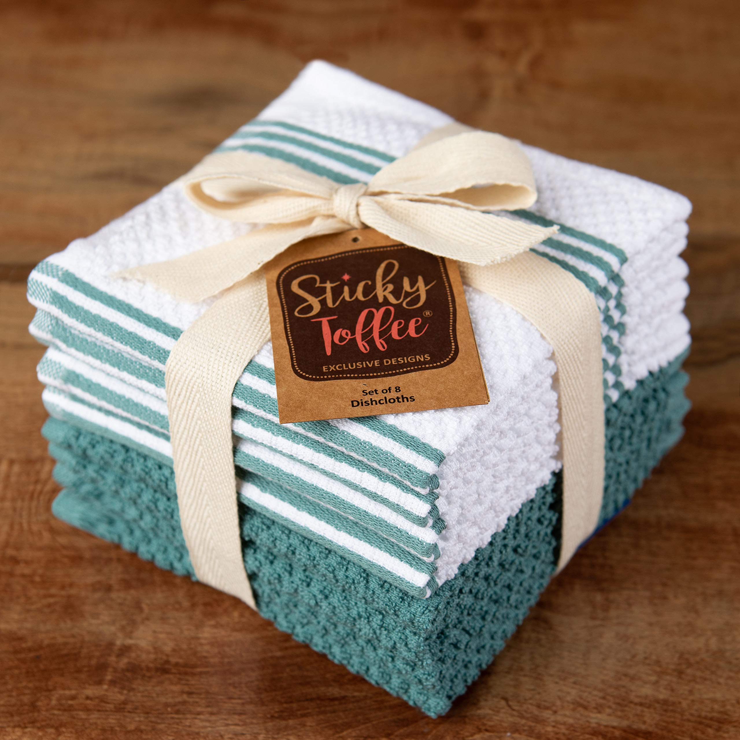 Set de ocho paños Sticky Toffee, útiles para limpiar superficies y secar utensilios.