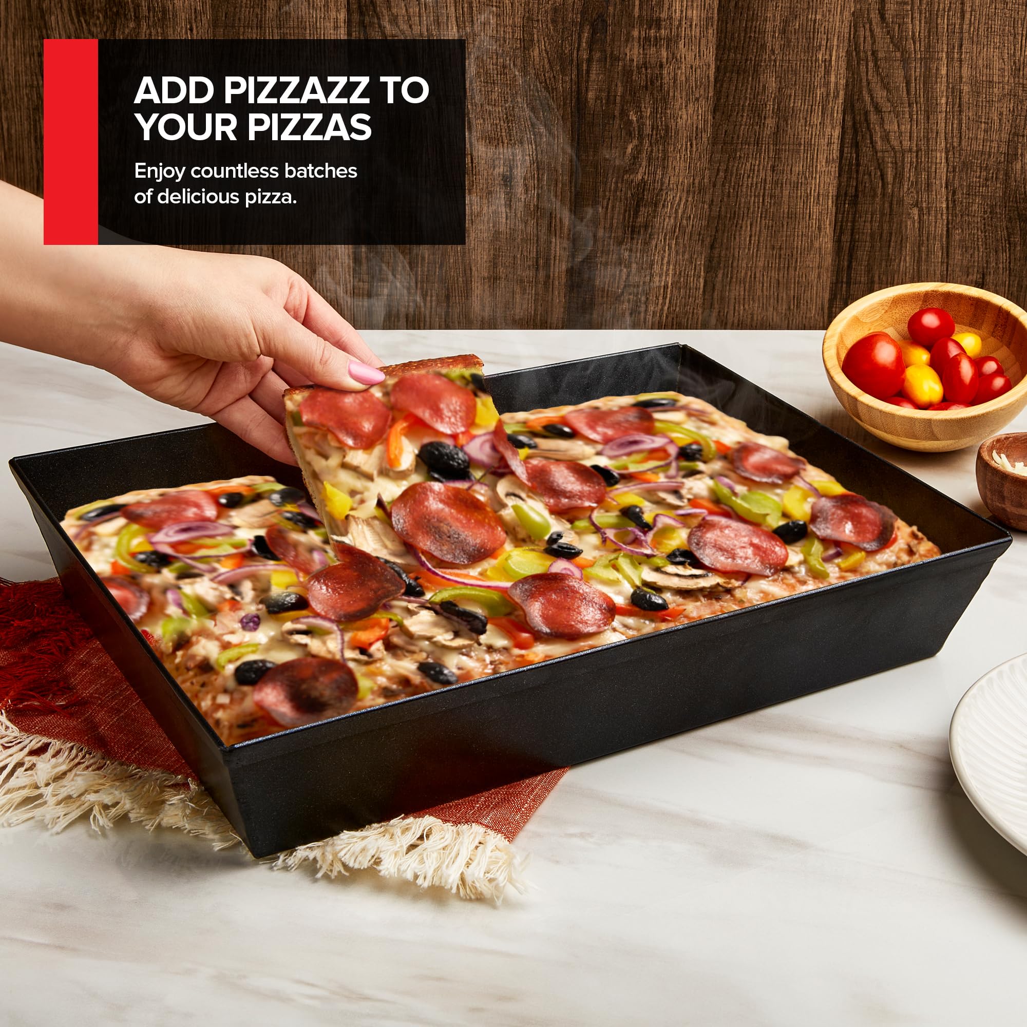 Stock Your Home: bandeja rectangular para pizza Detroit con distribución uniforme de calor.