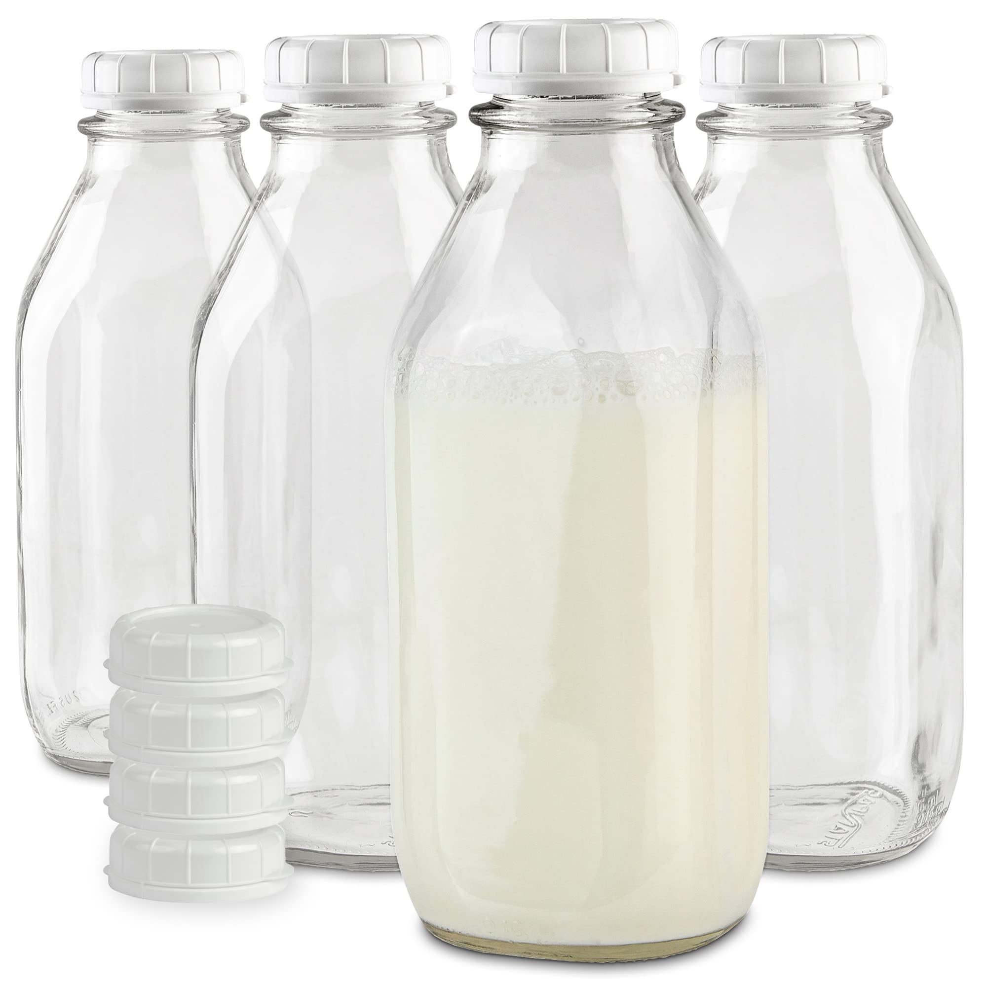 Stock Your Home botella de leche de vidrio cristal con tapa blanca, ideal para refrigerar leche