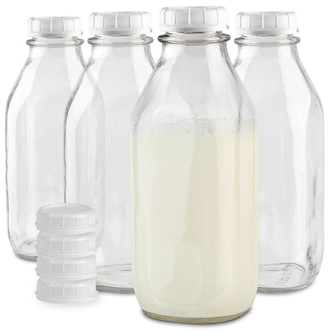Stock Your Home botella de leche de vidrio cristal con tapa blanca, ideal para refrigerar leche