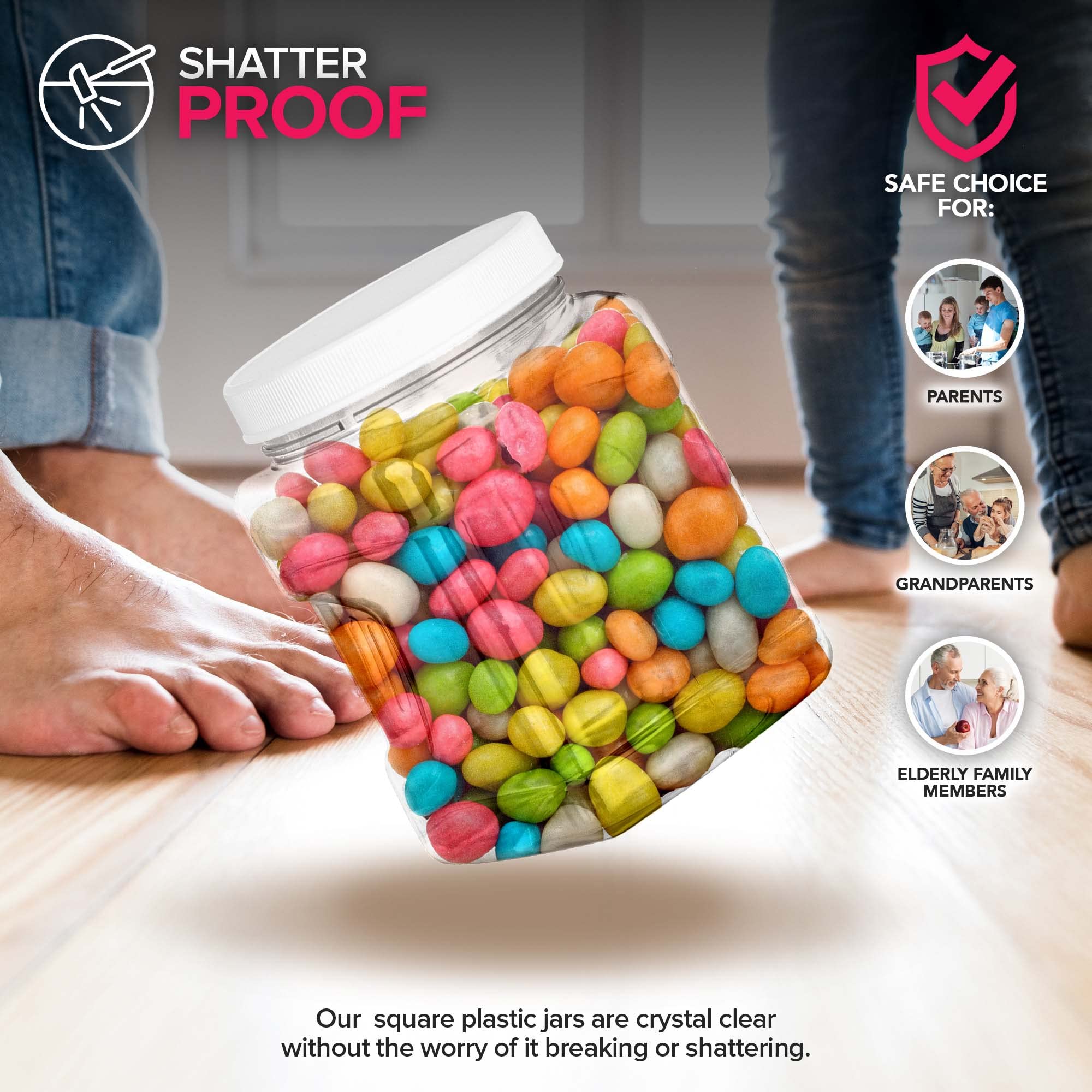 Stock Your Home frascos transparentes a prueba de roturas, seguros para niños.