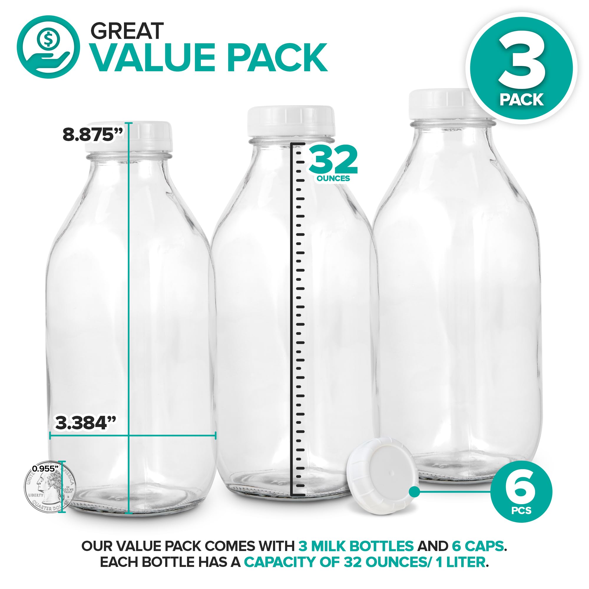 Stock Your Home jarras de vidrio de 1 litro para leche y bebidas.