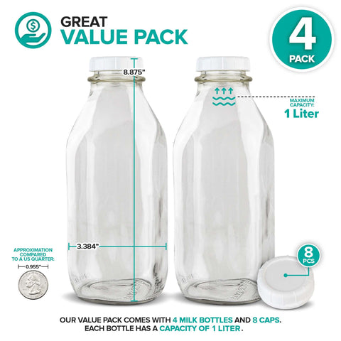 Stock Your Home pack de 4 botellas de vidrio con tapas blancas, organización de bebidas
