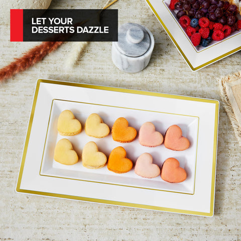 Stock Your Home: plato rectangular blanco con borde dorado para canapés.