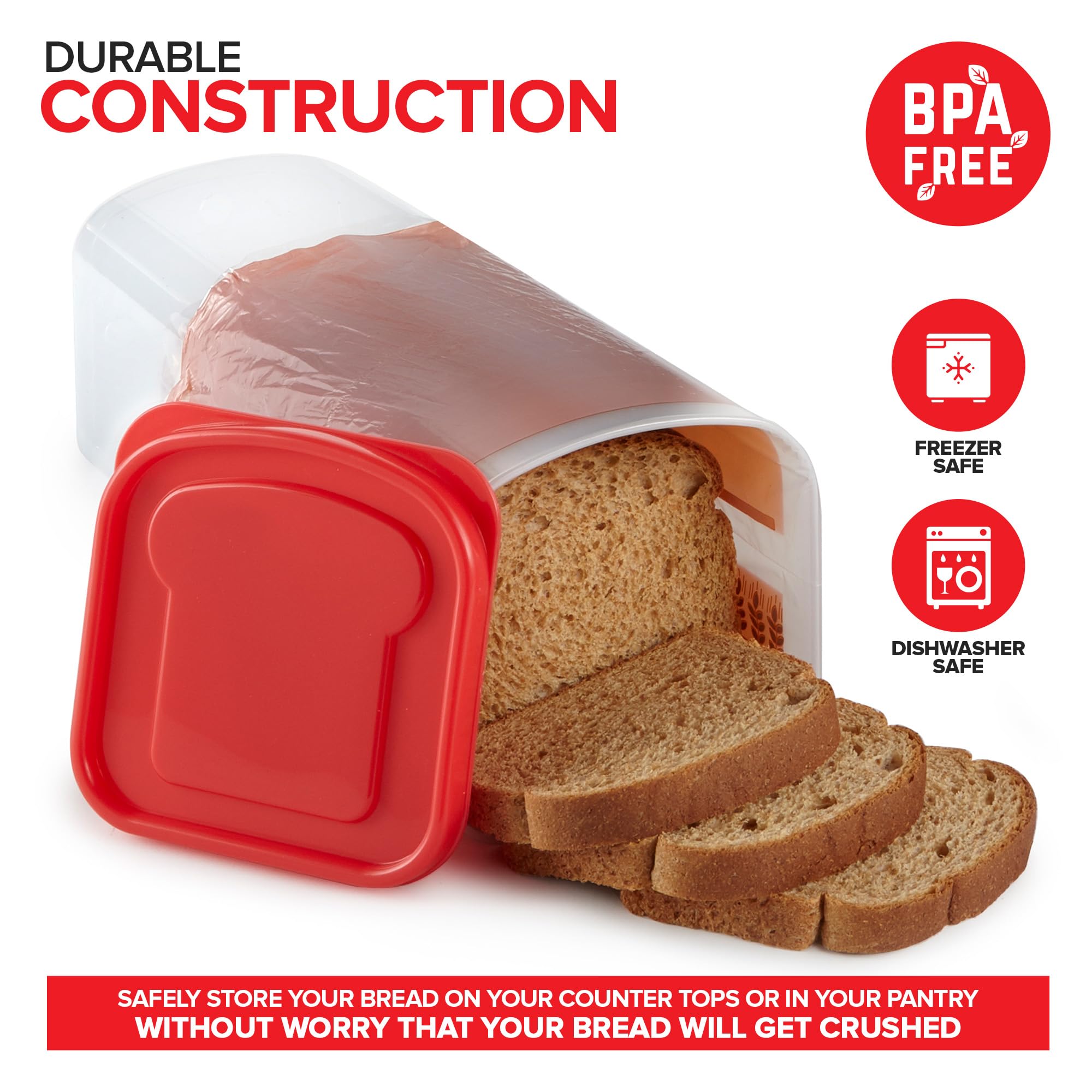 Tapas rojas de Stock Your Home sellan el contenedor para almacenamiento seguro.