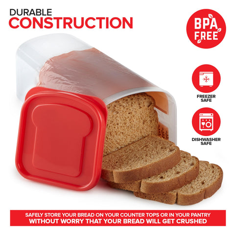 Tapas rojas de Stock Your Home sellan el contenedor para almacenamiento seguro.