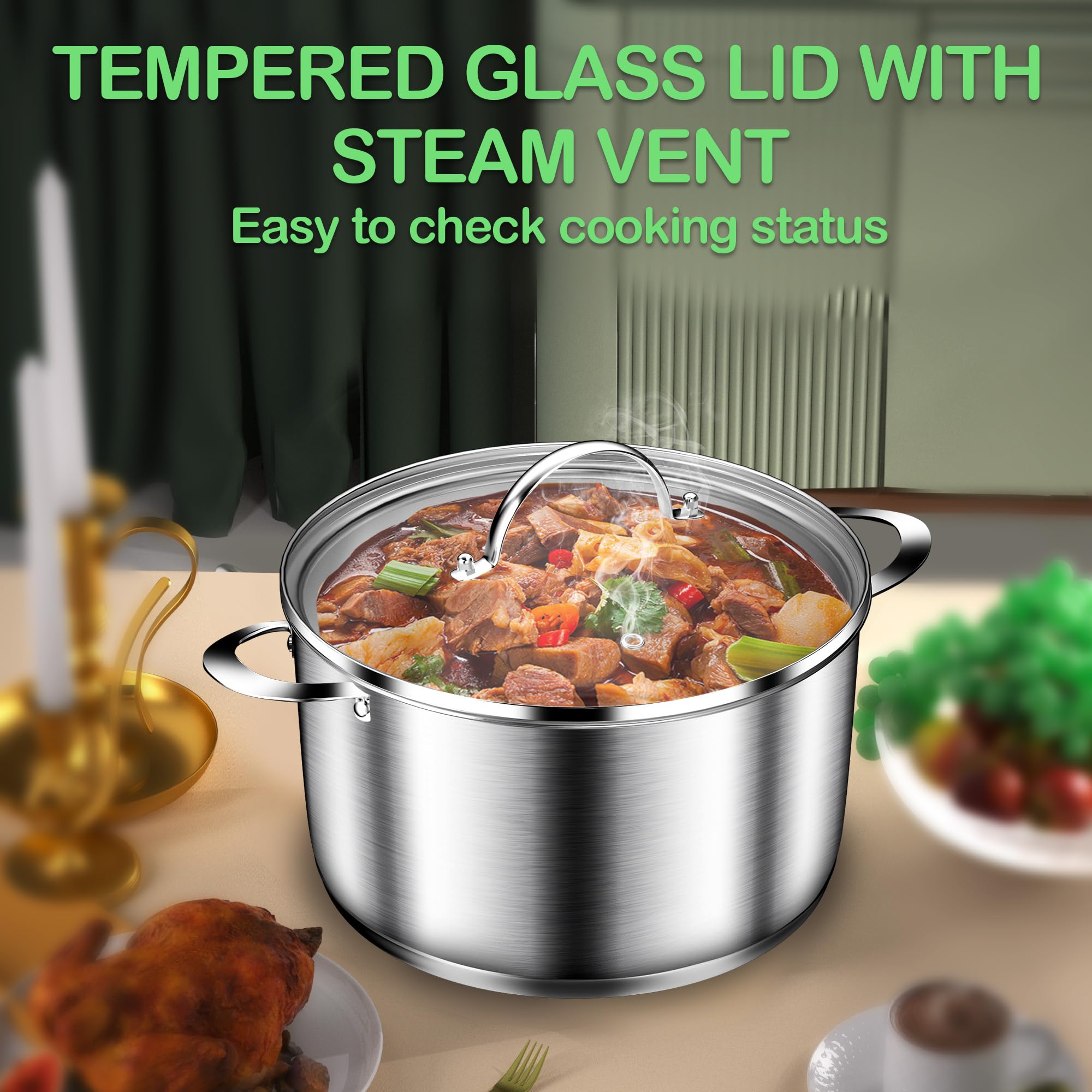 Stockpot base de 3 capas distribuye calor de forma uniforme para cocinar eficientemente.