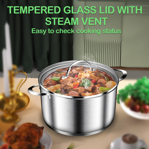 Stockpot base de 3 capas distribuye calor de forma uniforme para cocinar eficientemente.