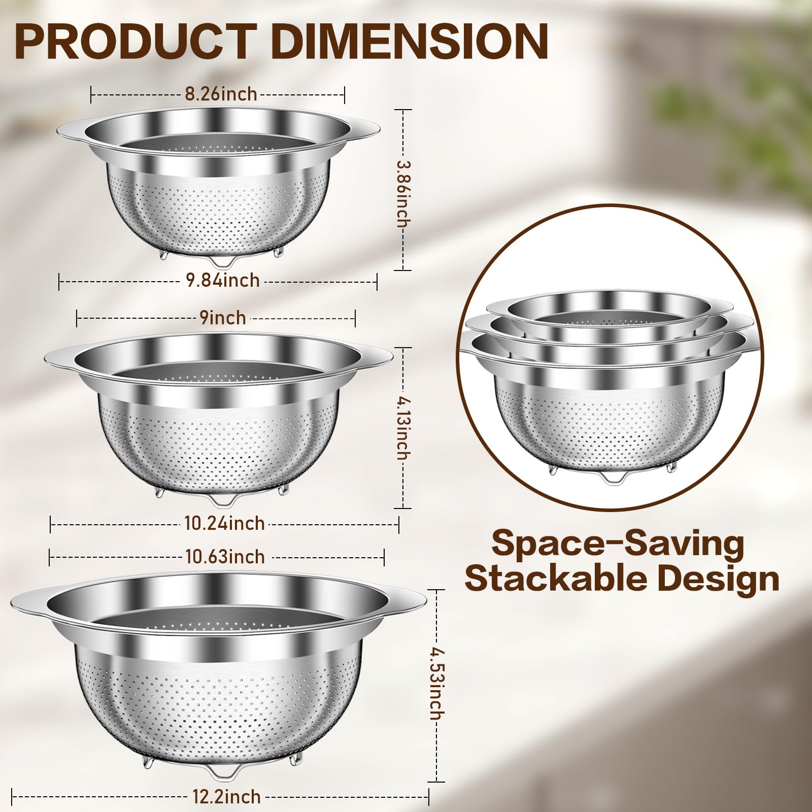 Colador STOCKPOT de acero inoxidable 3qt para escurrir pasta con drenaje rápido