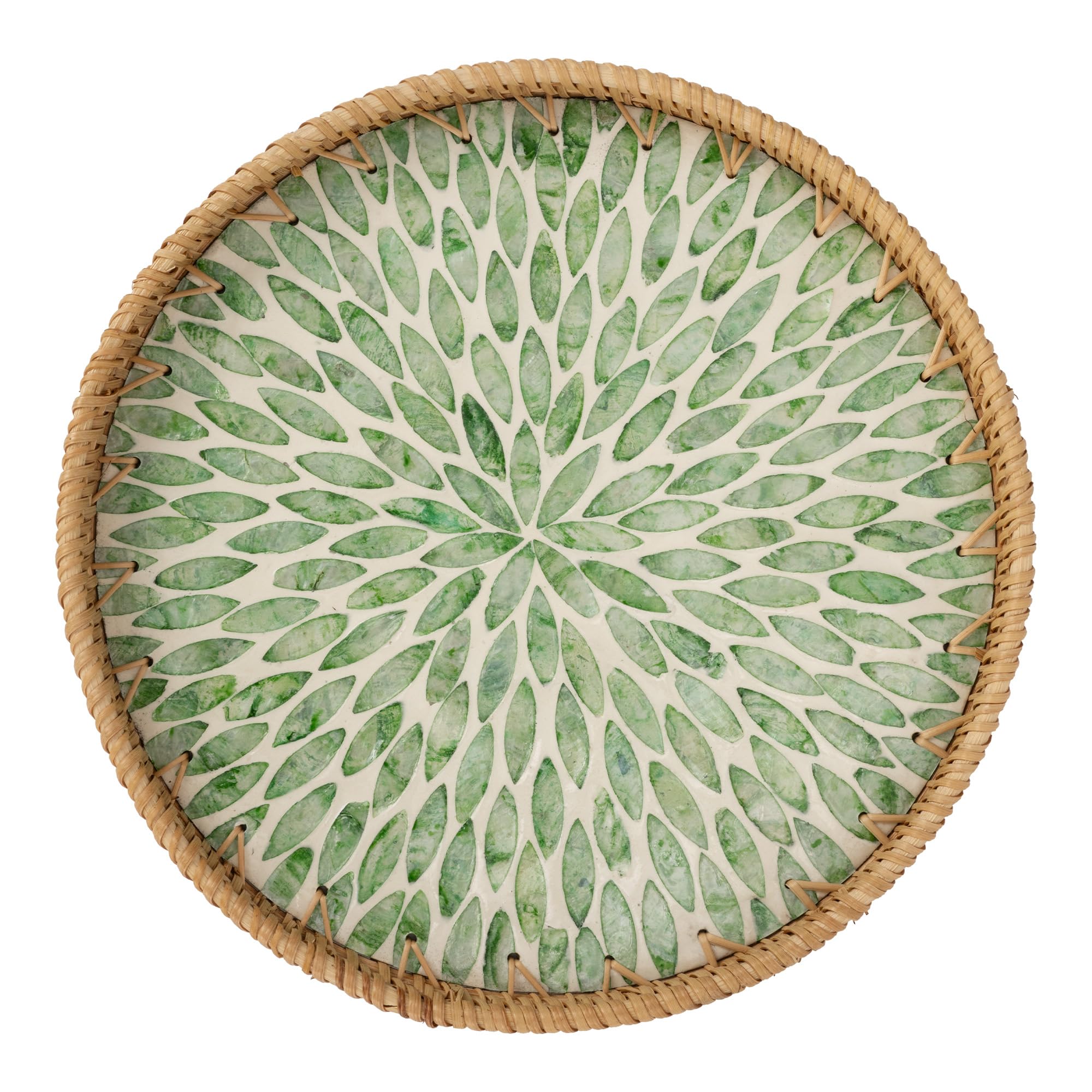 StorageWorks bandeja rattan redonda con madreperla, ideal para servir y decorar la mesa.