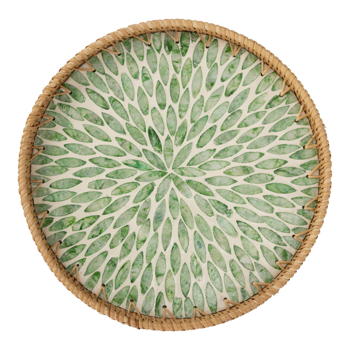 StorageWorks bandeja rattan redonda con madreperla, ideal para servir y decorar la mesa.