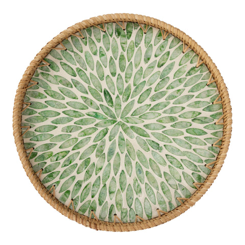 StorageWorks bandeja rattan redonda con madreperla, ideal para servir y decorar la mesa.