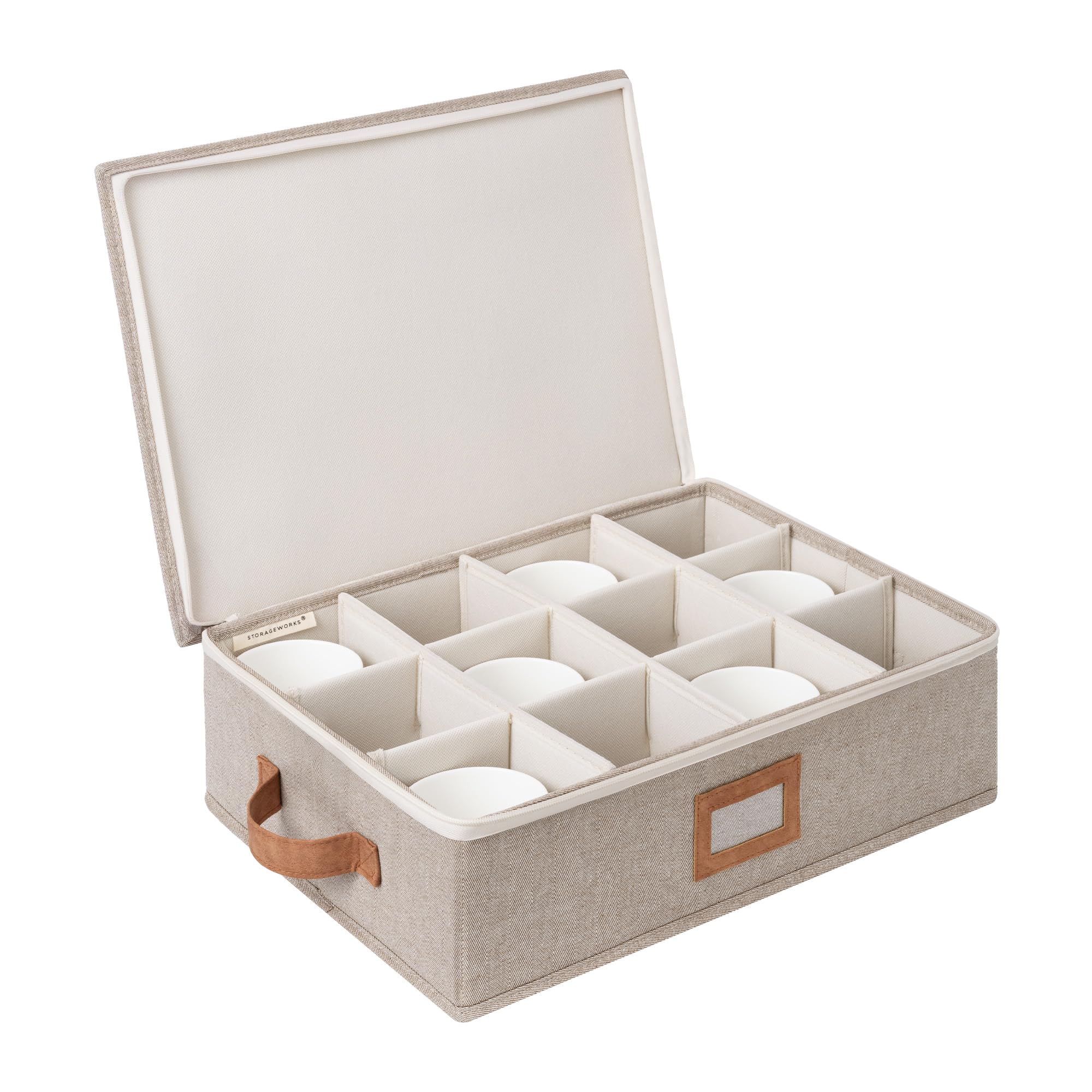 StorageWorks caja para 12 tazas, vista frontal, organización rápida de la vajilla.