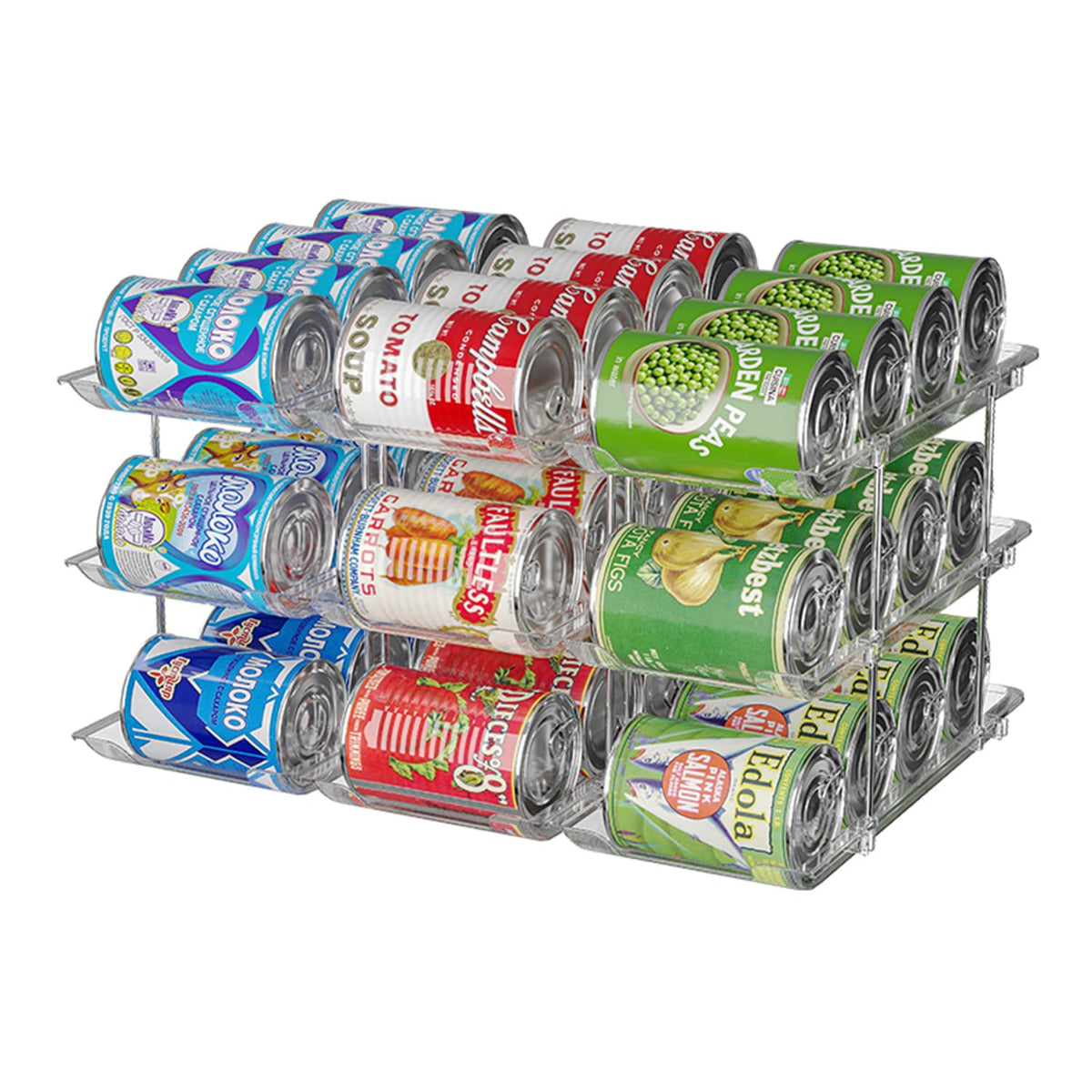 STORICANS Organizador de latas con tres niveles para despensa ordenada y rápida selección.