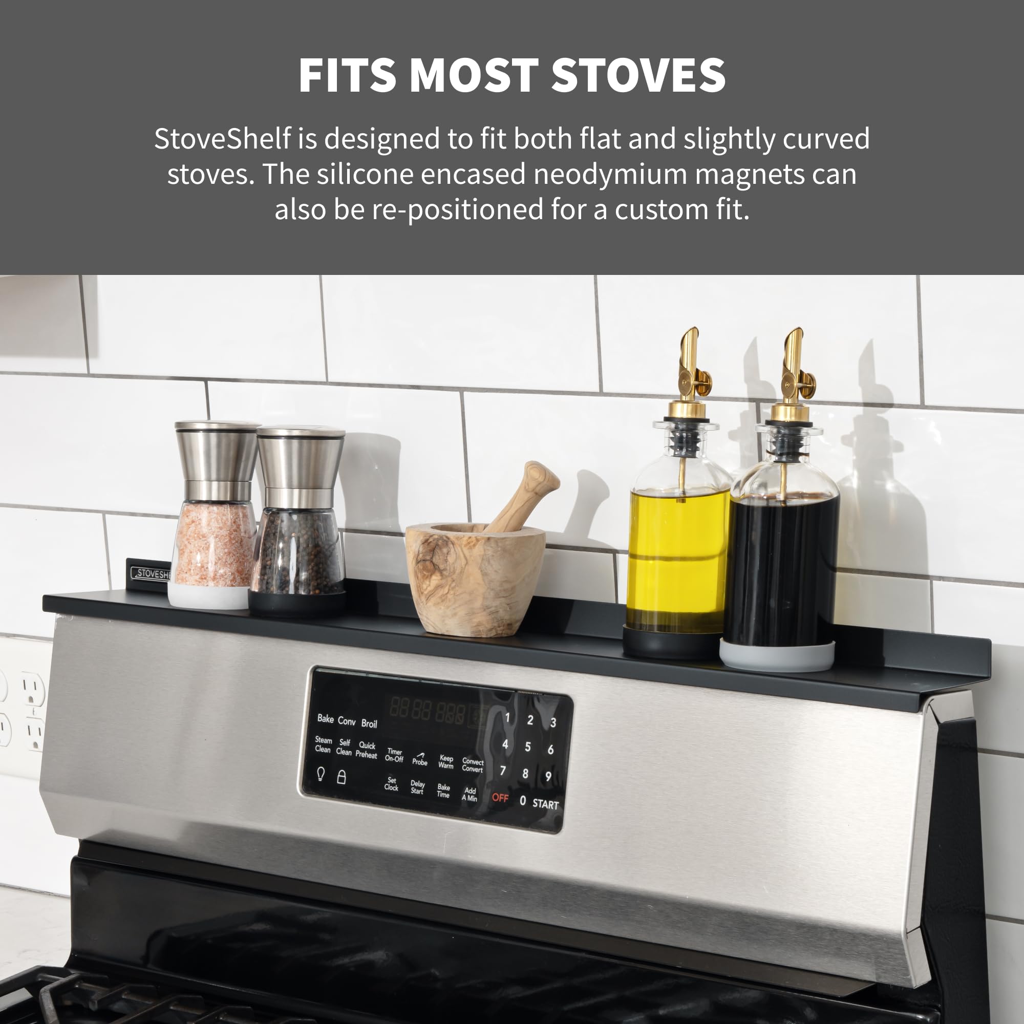 Stove Shelf ajuste para estufas planas o curvas suaves, compatibilidad flexible.