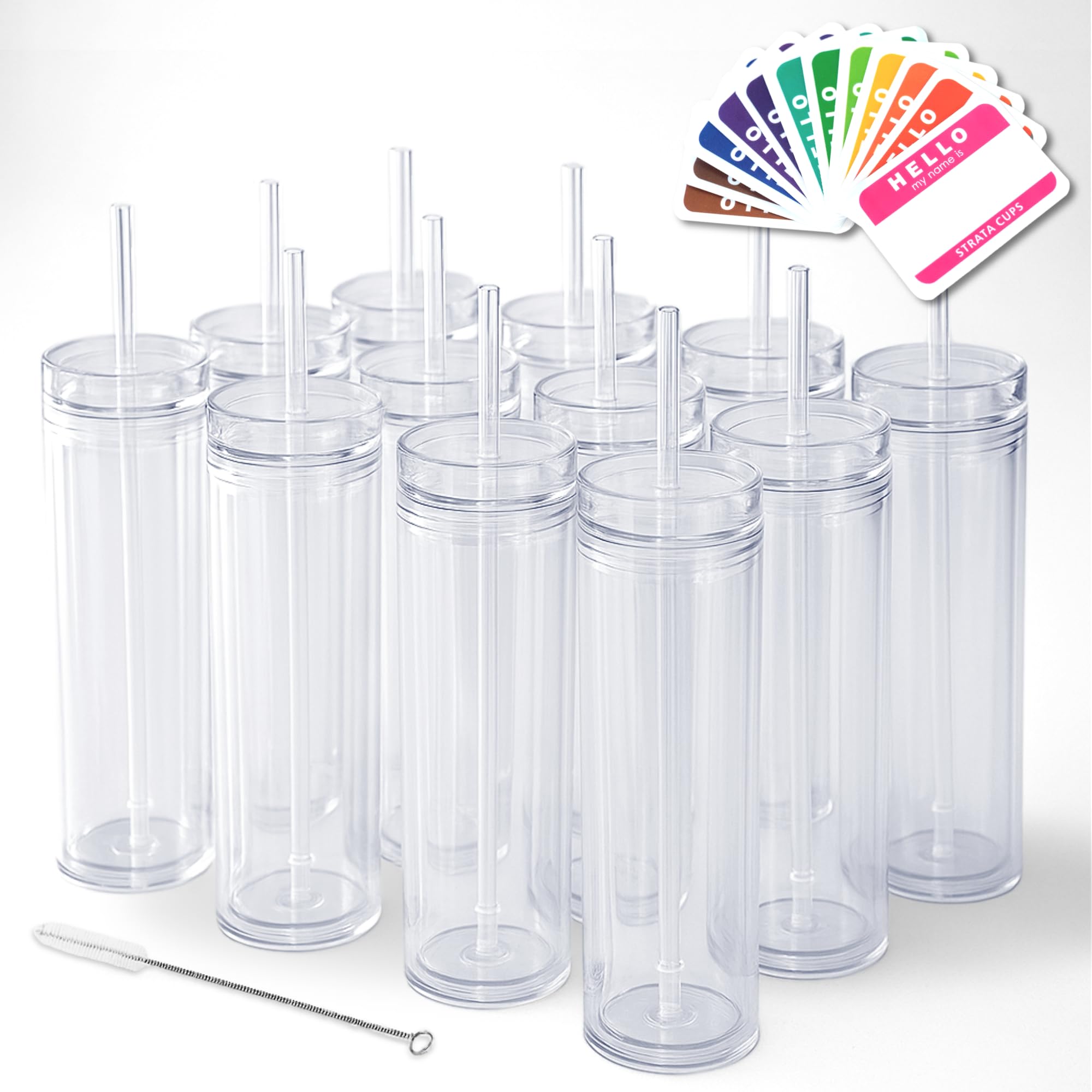 STRATA CUPS 12 tazas claras con tapa y pajilla, evitan derrames y conservan temperatura.