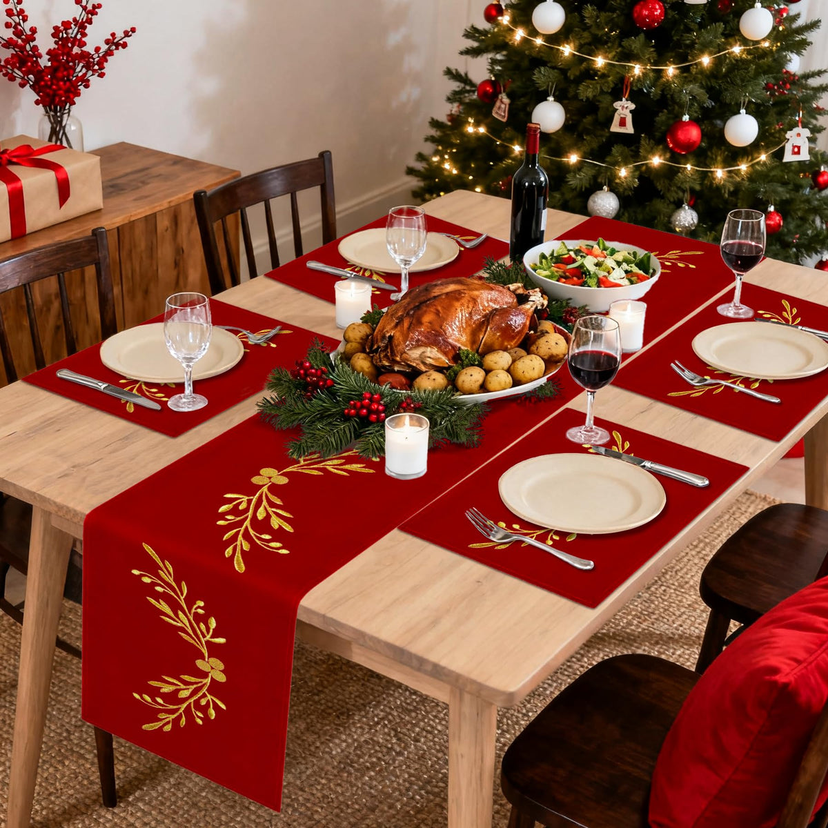 Stuffygreenus cinta de mesa Navidad terciopelo rojo dorado: ambiente cálido para la cena