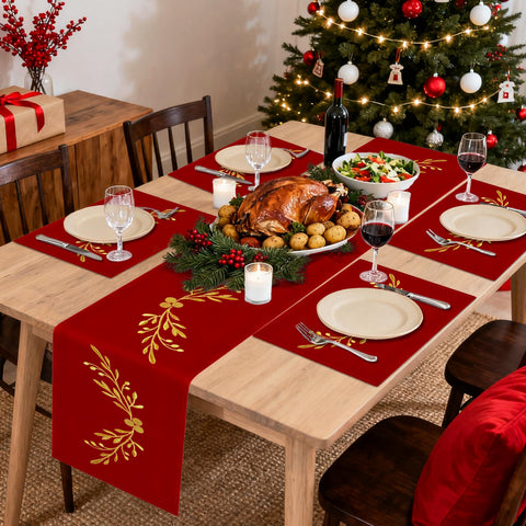 Stuffygreenus cinta de mesa Navidad terciopelo rojo dorado: ambiente cálido para la cena