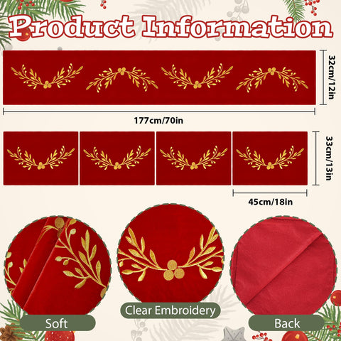 Stuffygreenus individuales Navidad terciopelo rojo dorado: conjunto coordinado para la mesa