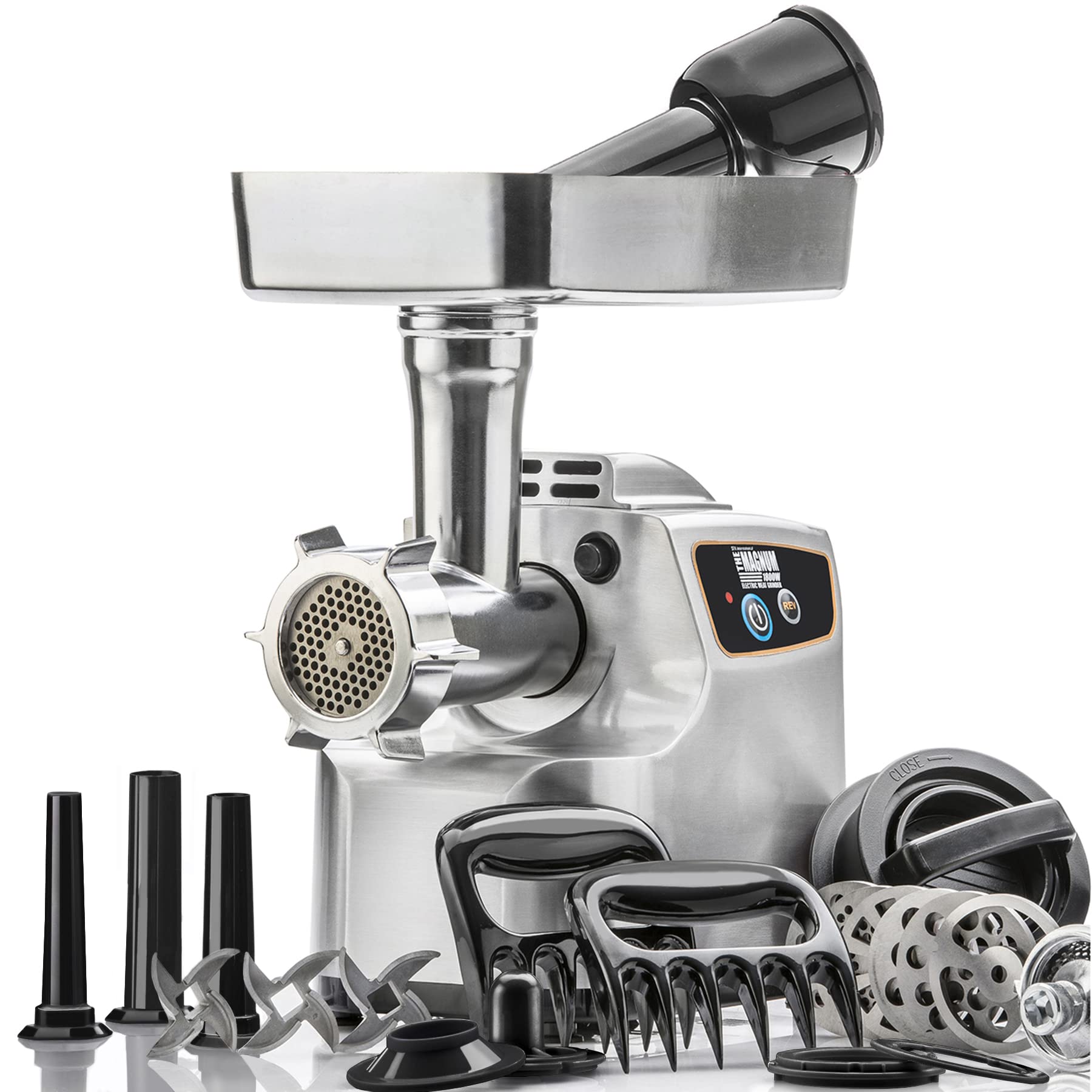 STX International Magnum 1800W, vista frontal, ideal para moler carne en casa con alta capacidad