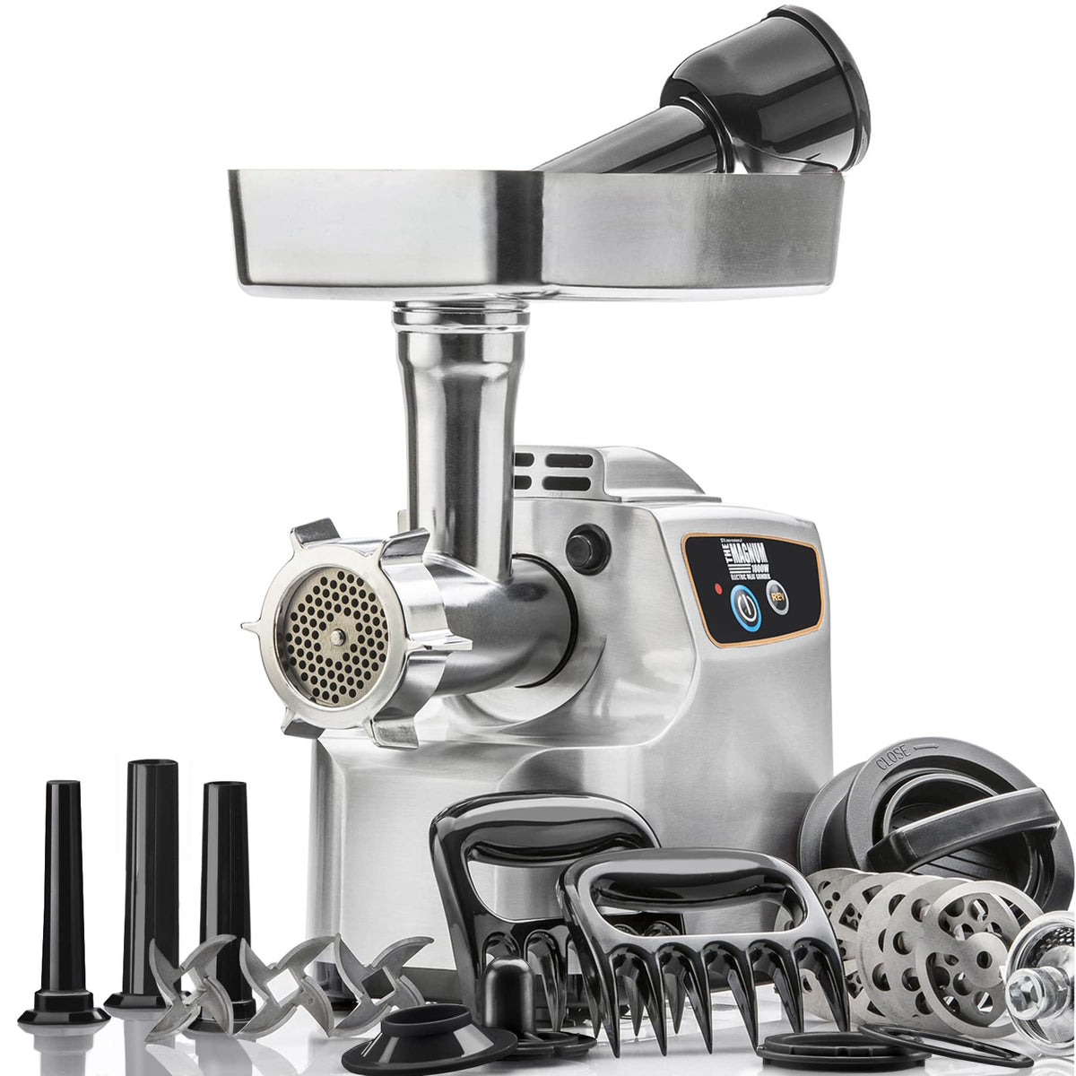 STX International Magnum 1800W, vista frontal, ideal para moler carne en casa con alta capacidad