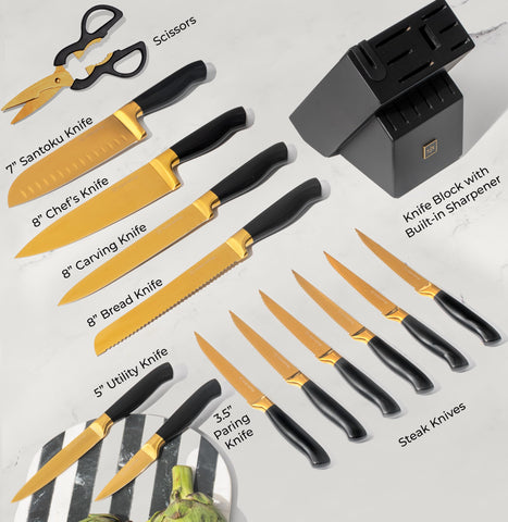 6 cuchillos de bistec STYLED SETTINGS oro negro; juego completo para asados
