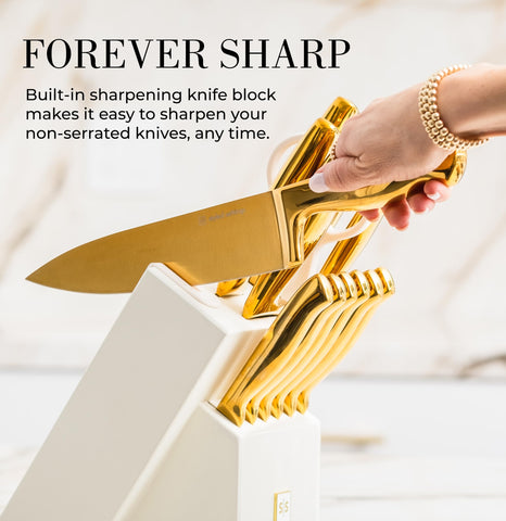 STYLED SETTINGS bloque blanco dorado con afilador integrado para filo constante