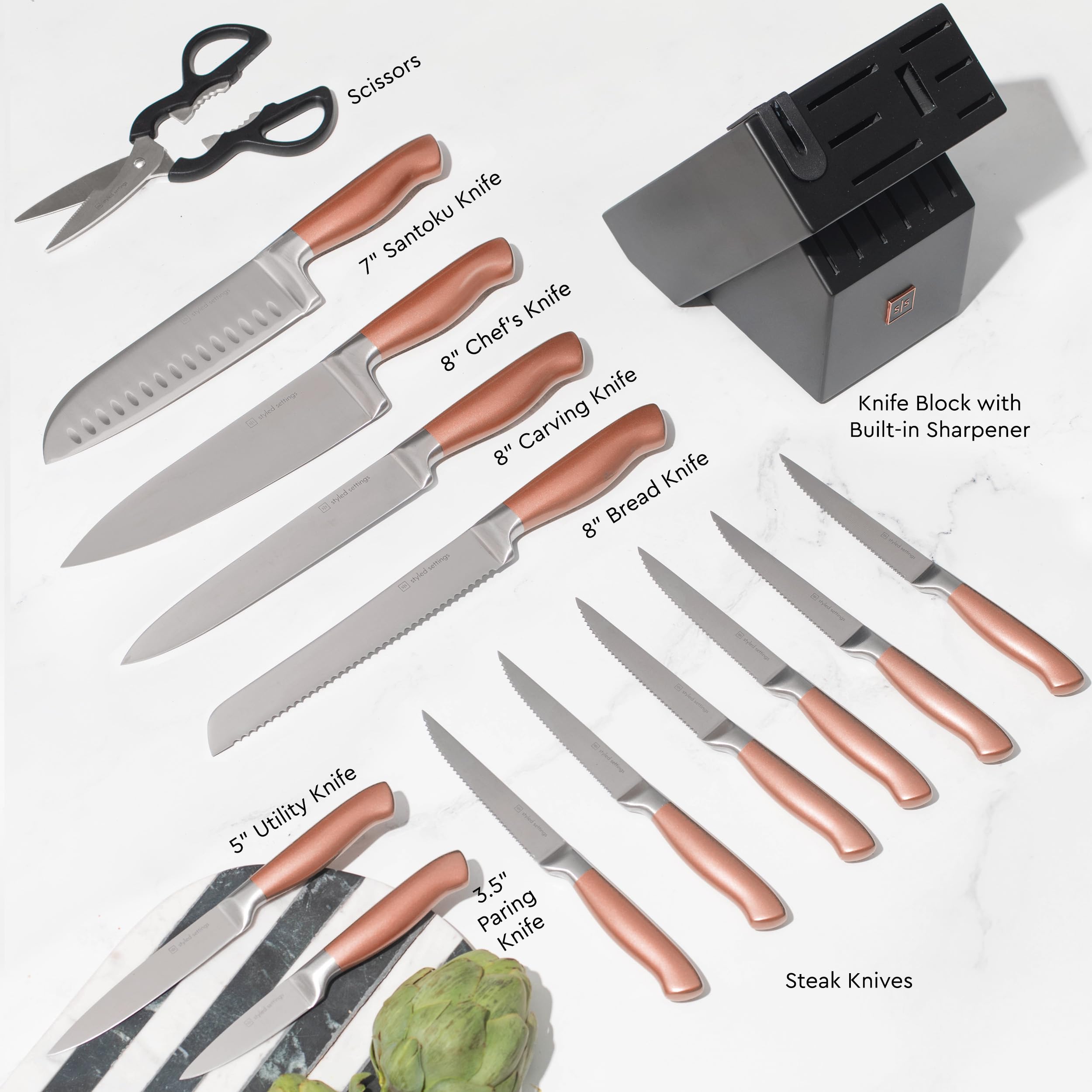 Styled Settings: juego 14 piezas cobre en bloque negro, todo a mano para preparaciones completas.