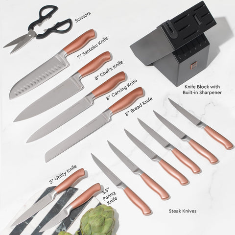 Styled Settings: juego 14 piezas cobre en bloque negro, todo a mano para preparaciones completas.