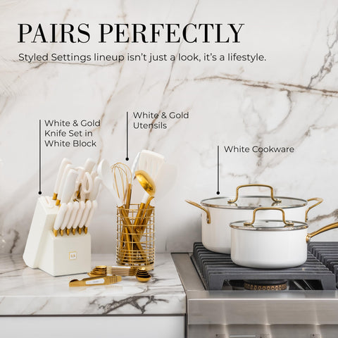 Acabado oro blanco de STYLED SETTINGS añade elegancia a la cocina diaria.