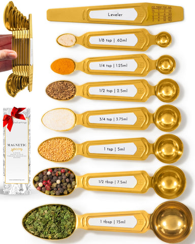 Cucharas STYLED SETTINGS de medición en oro y blanco con nivel para cocinas modernas.